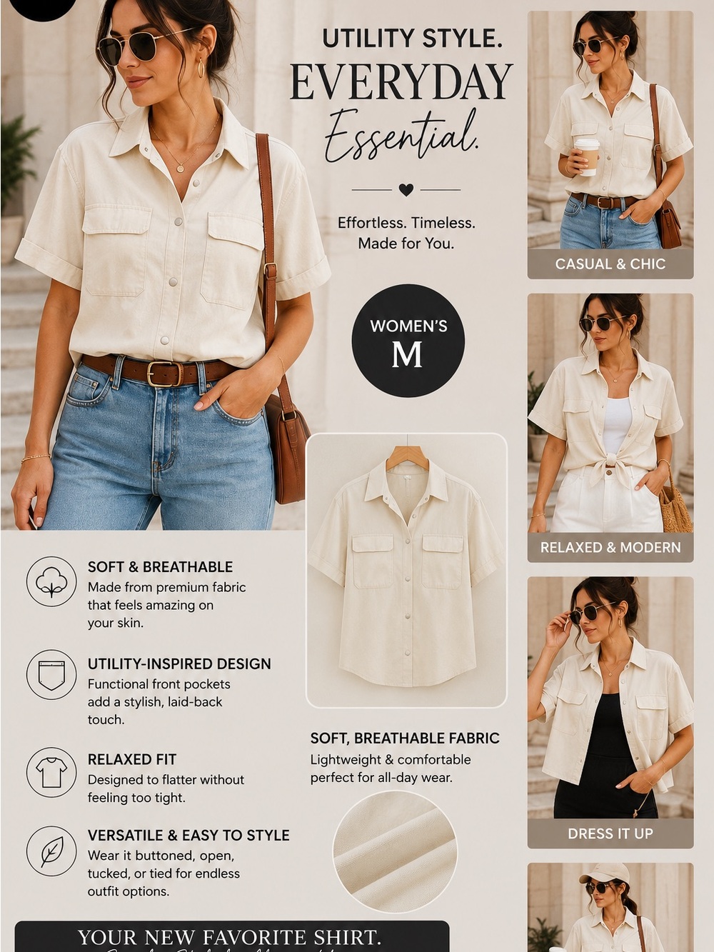 Target Women's Cream Short-Sleeve Button-Down Utility Shirt